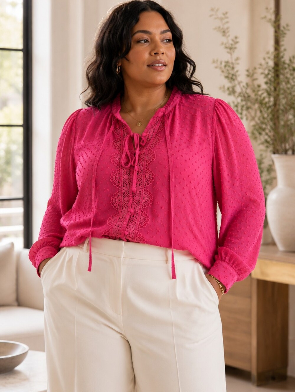 Torrid Pink Swiss Dot Lace Tie Neck Blouse Size 1X